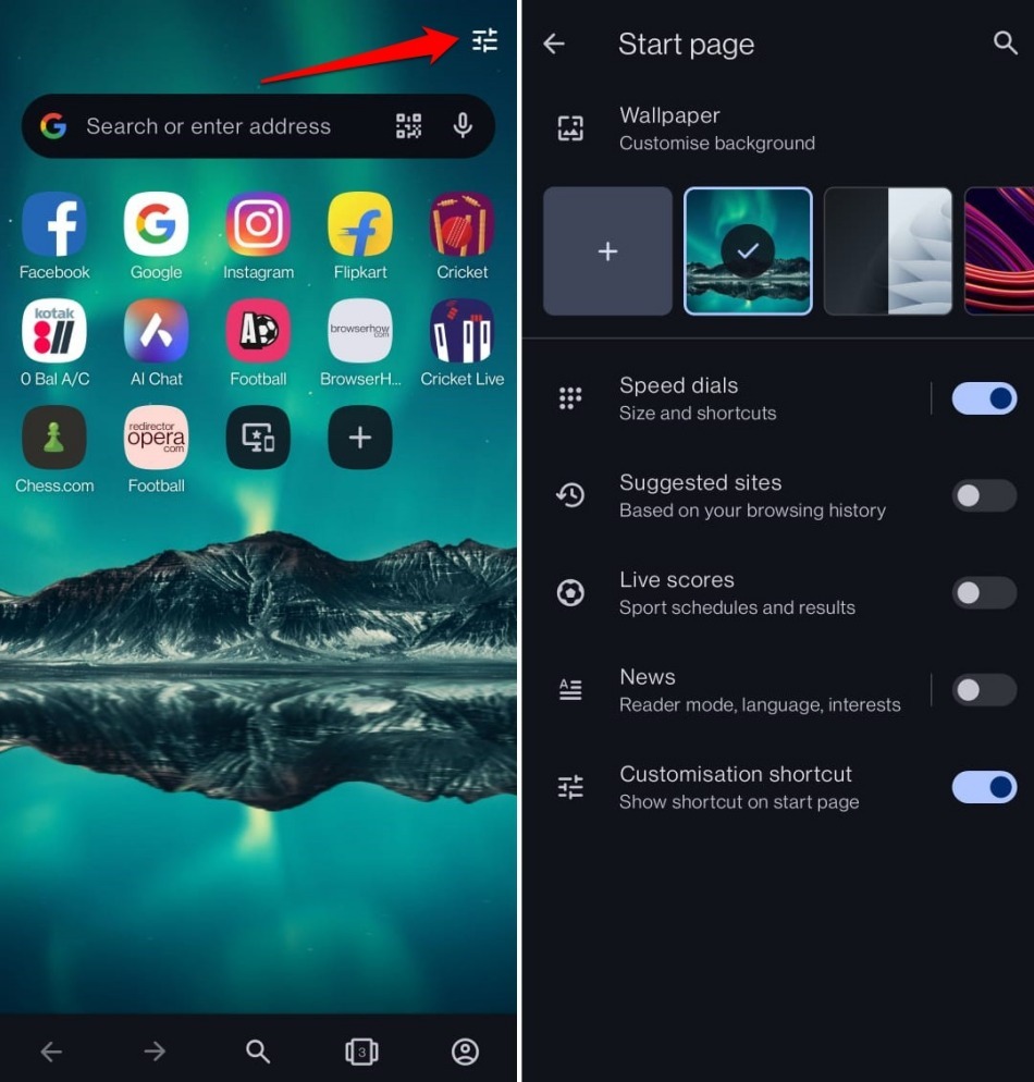 customize the homepage layout in Opera android