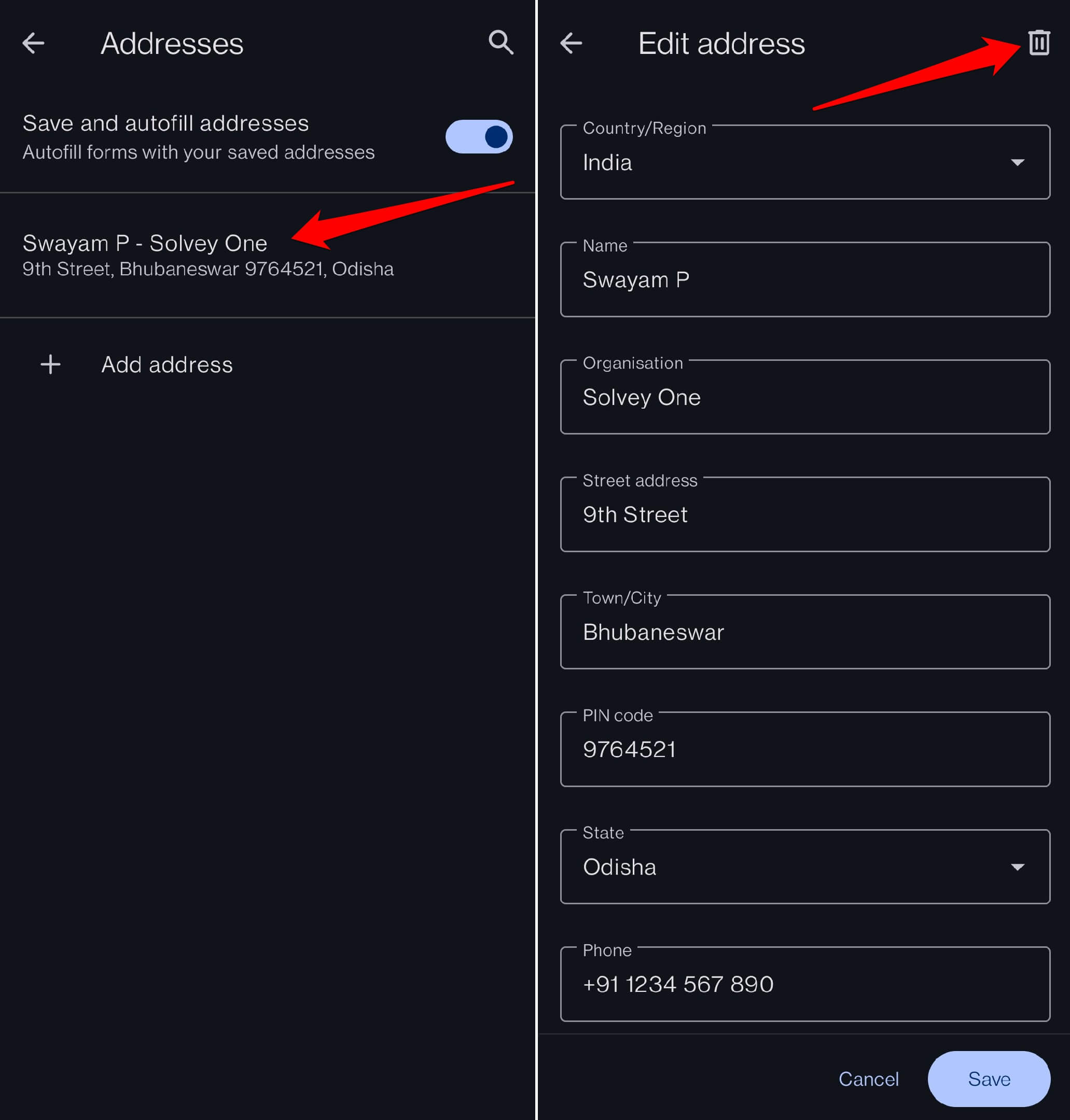 delete saved address on Opera android