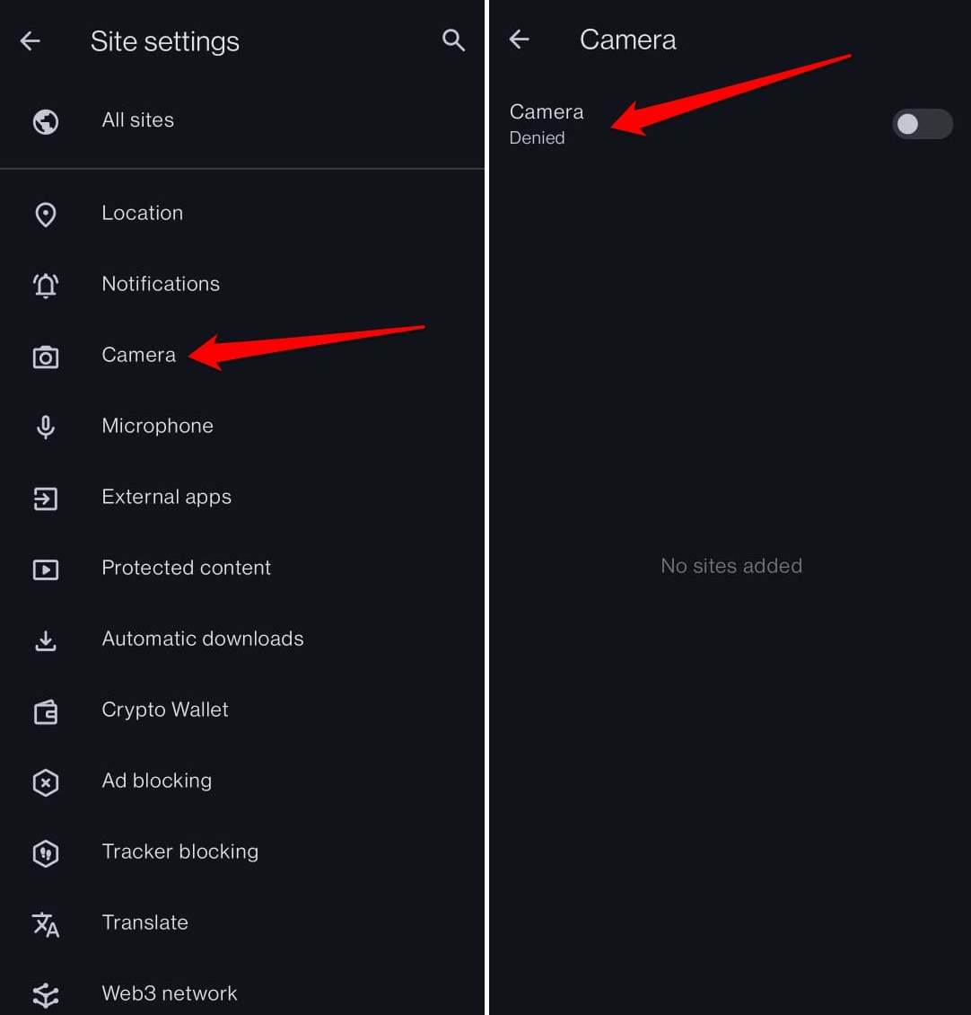 disable camera access for sites on Opera android