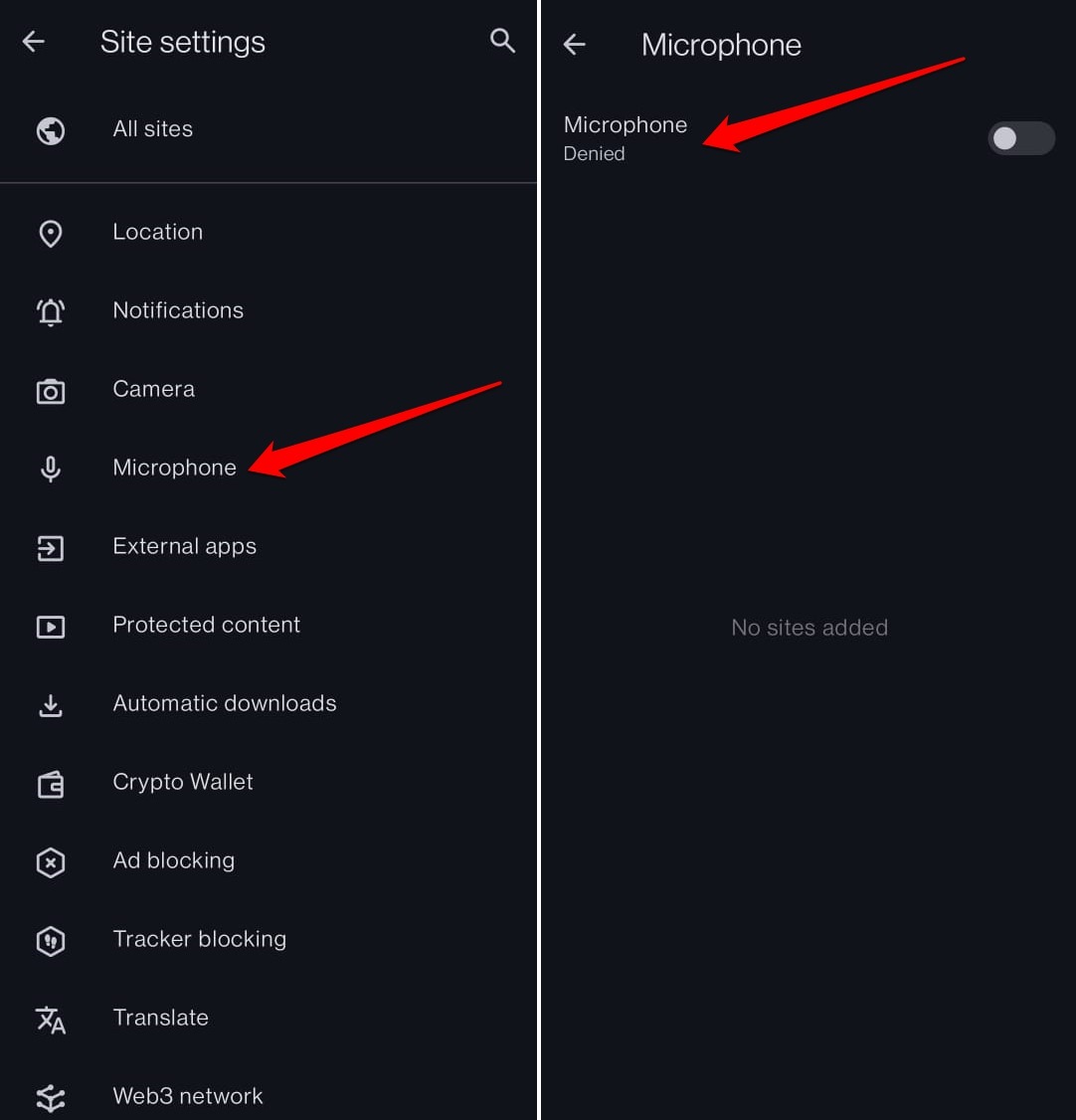 disable microphone access for sites on Opera android