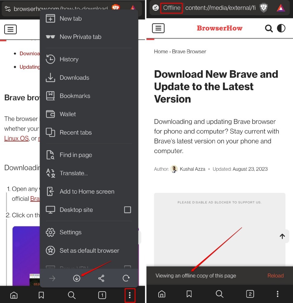 download pages for offline access in Brave browser android