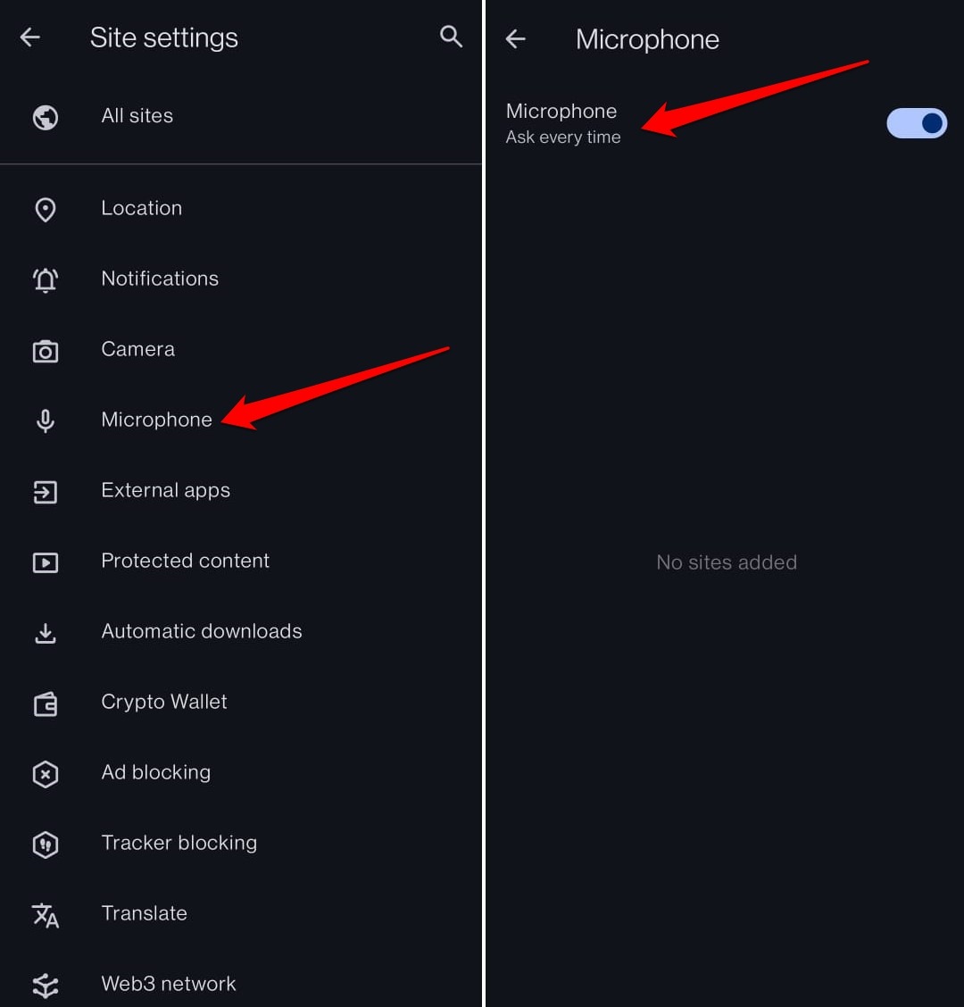 enable microphone access to sites on Opera android