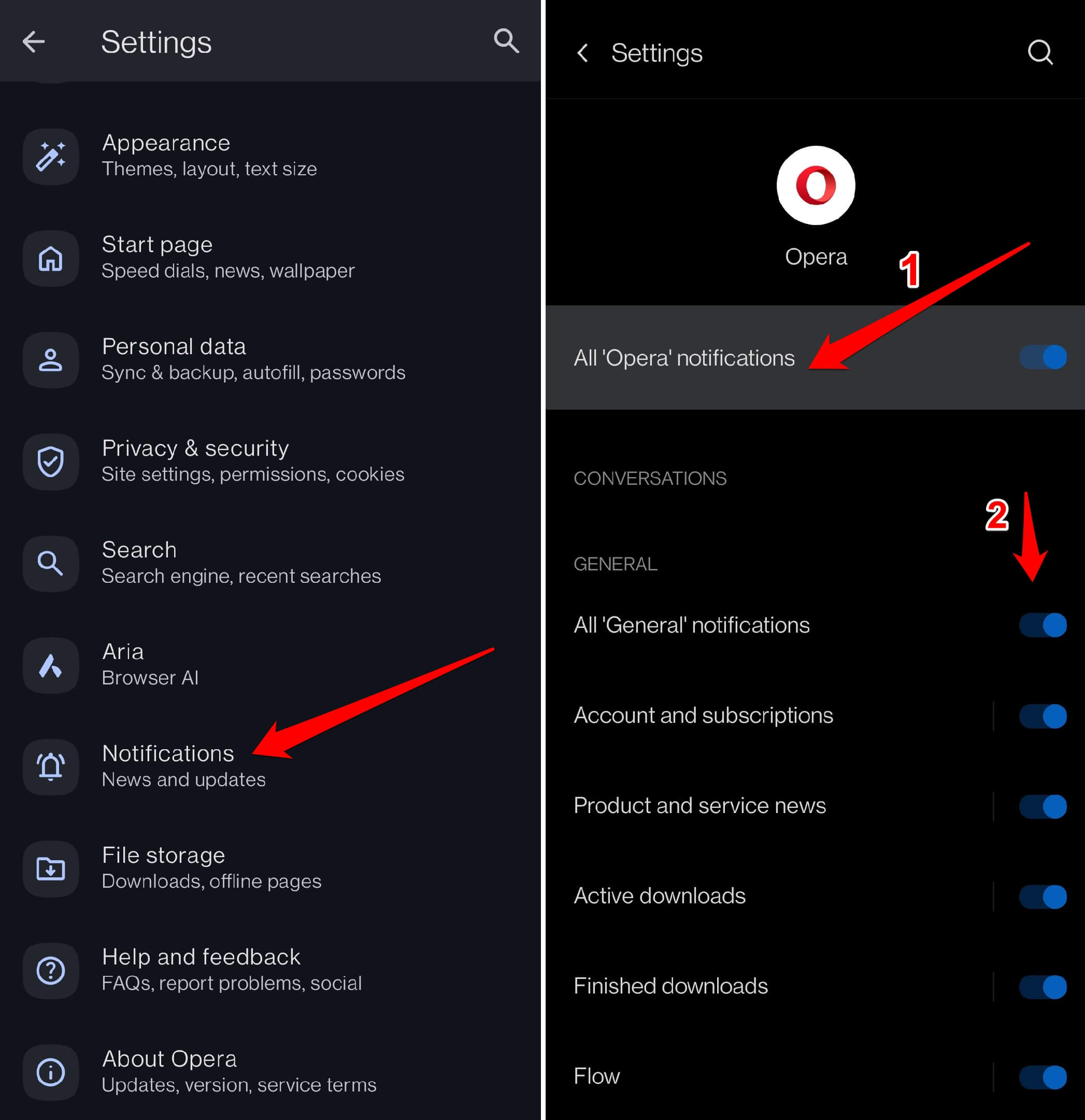enable or disable all opera notifications on Android