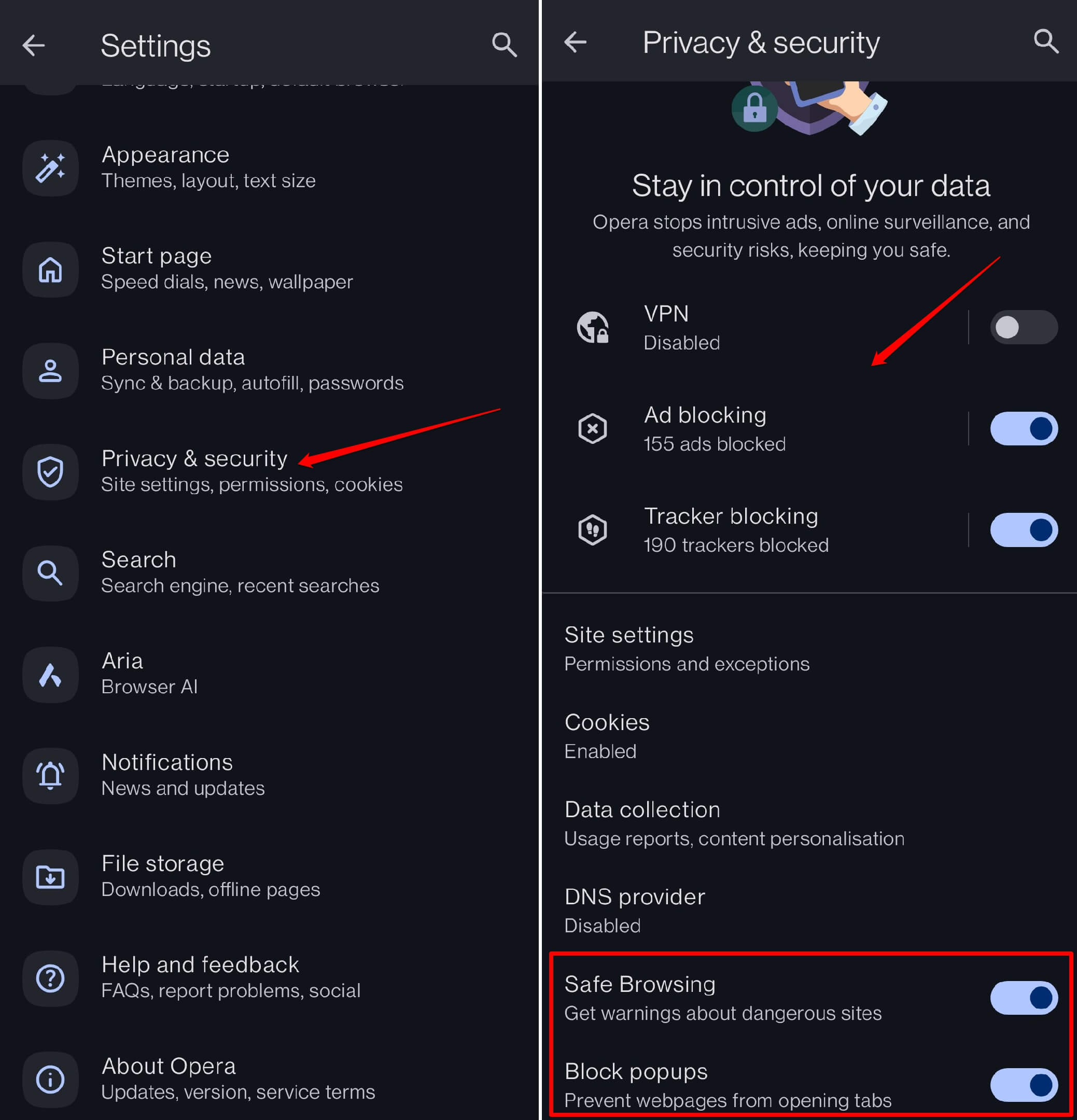 enable privacy settings on Opera Android