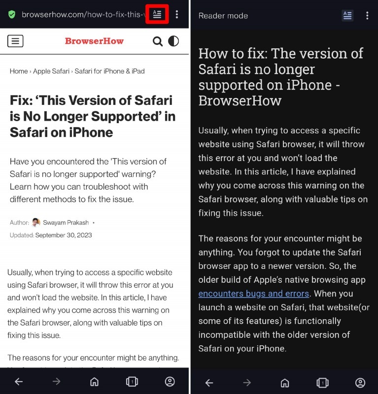enable the reader mode on Opera android