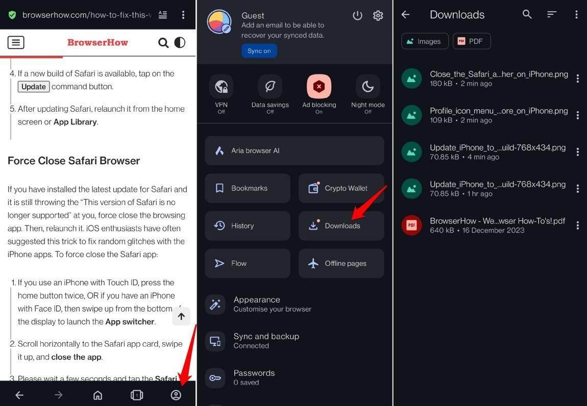 how to access downloaded files on Opera android