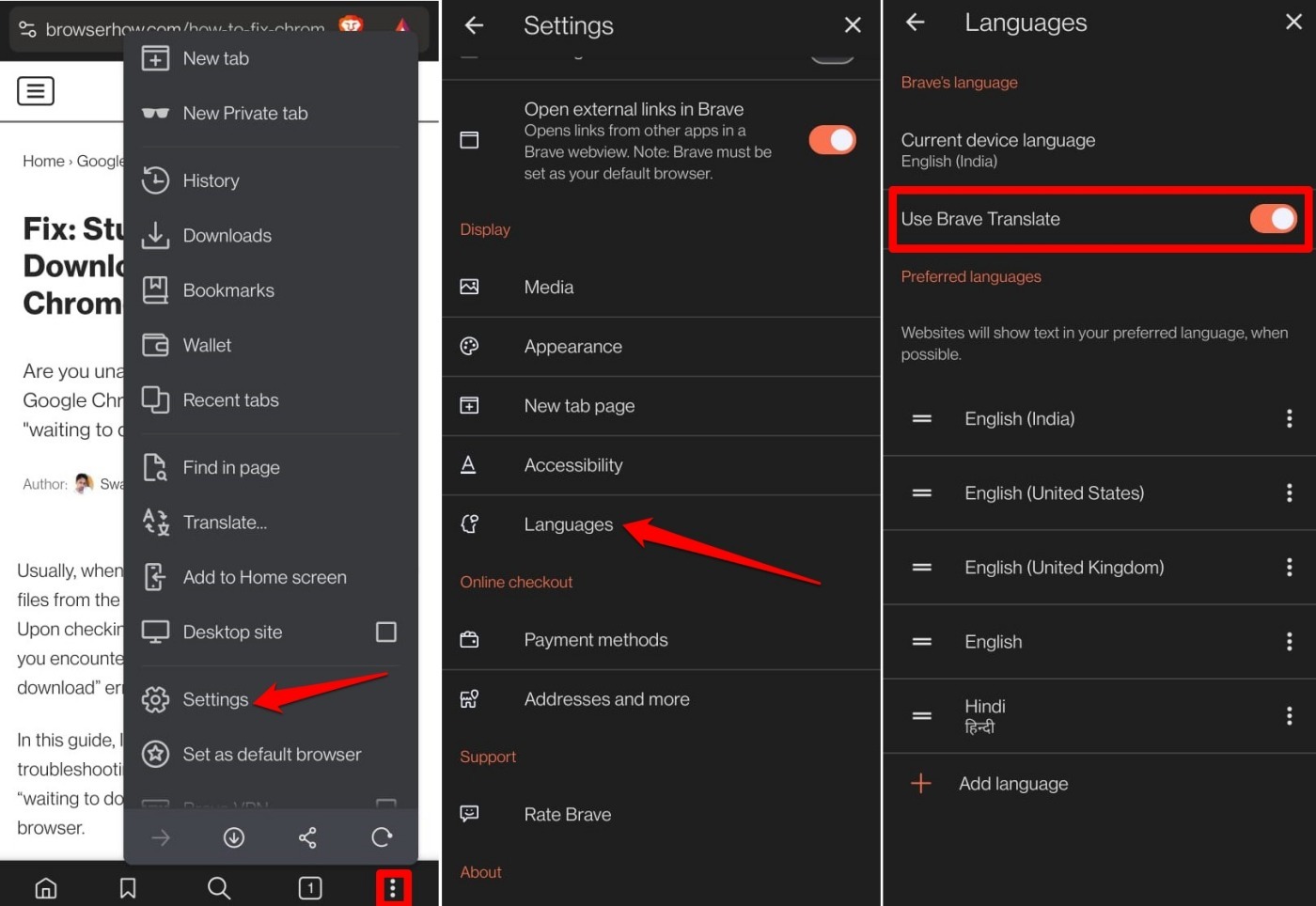 how to enable translation on Brave browser android