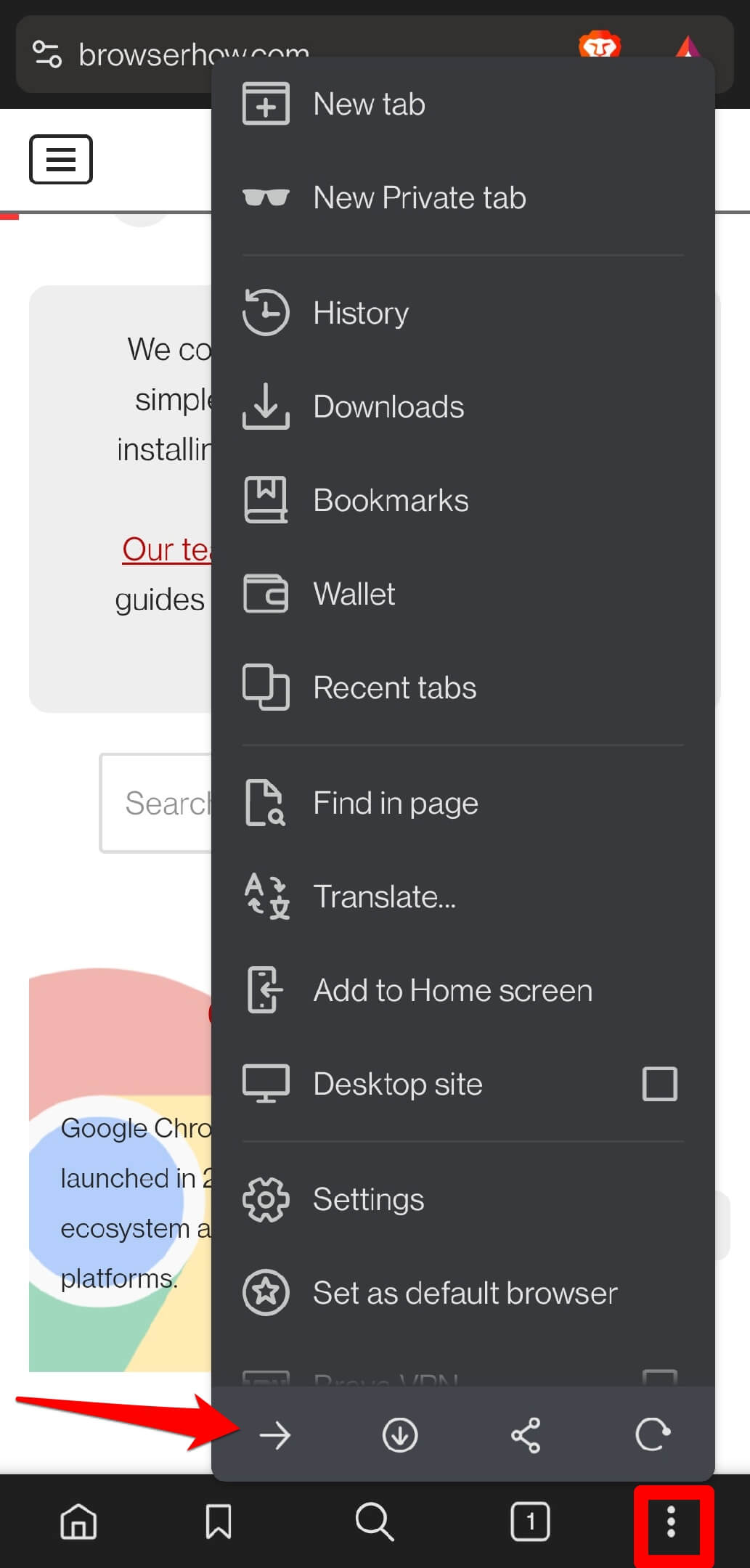 how to navigate forward and backward on brave browser android