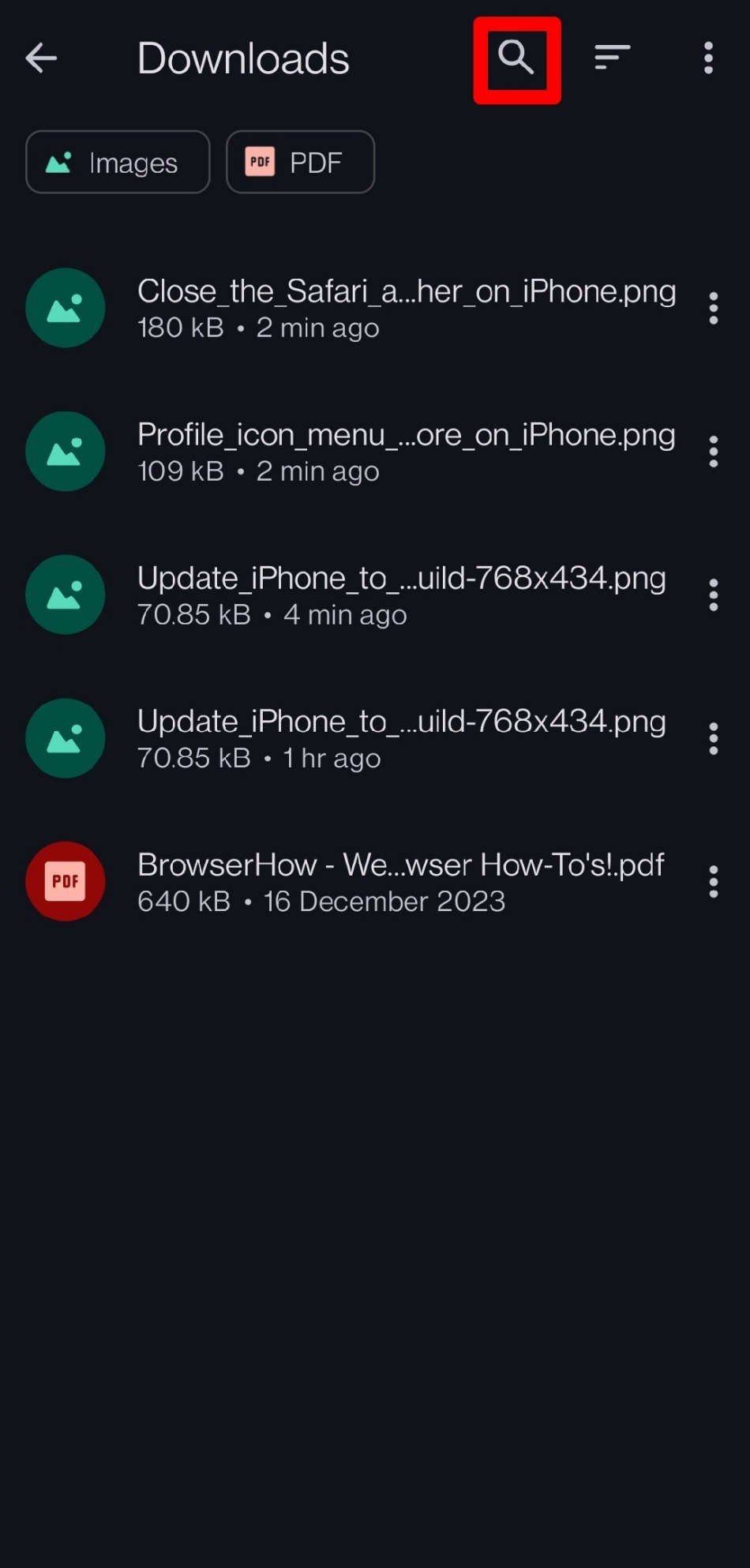 how to search a file in Opera downloads