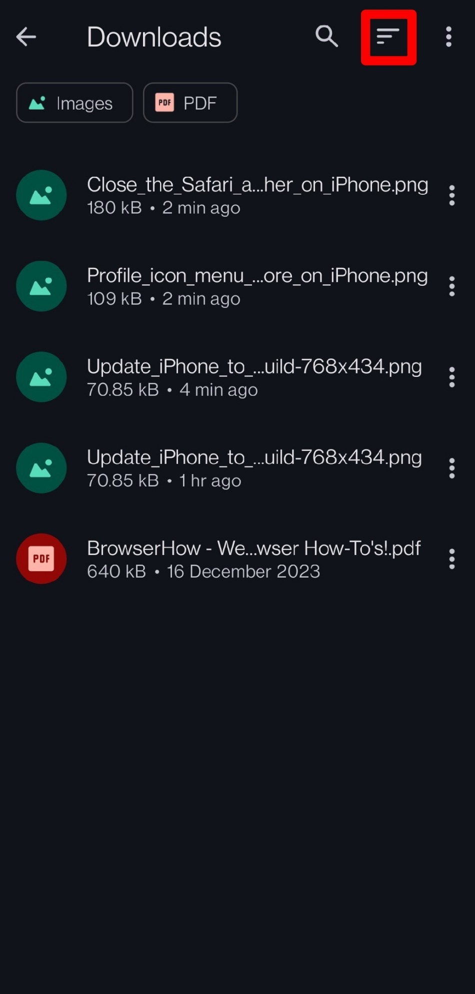 how to sort downloaded files on Opera android