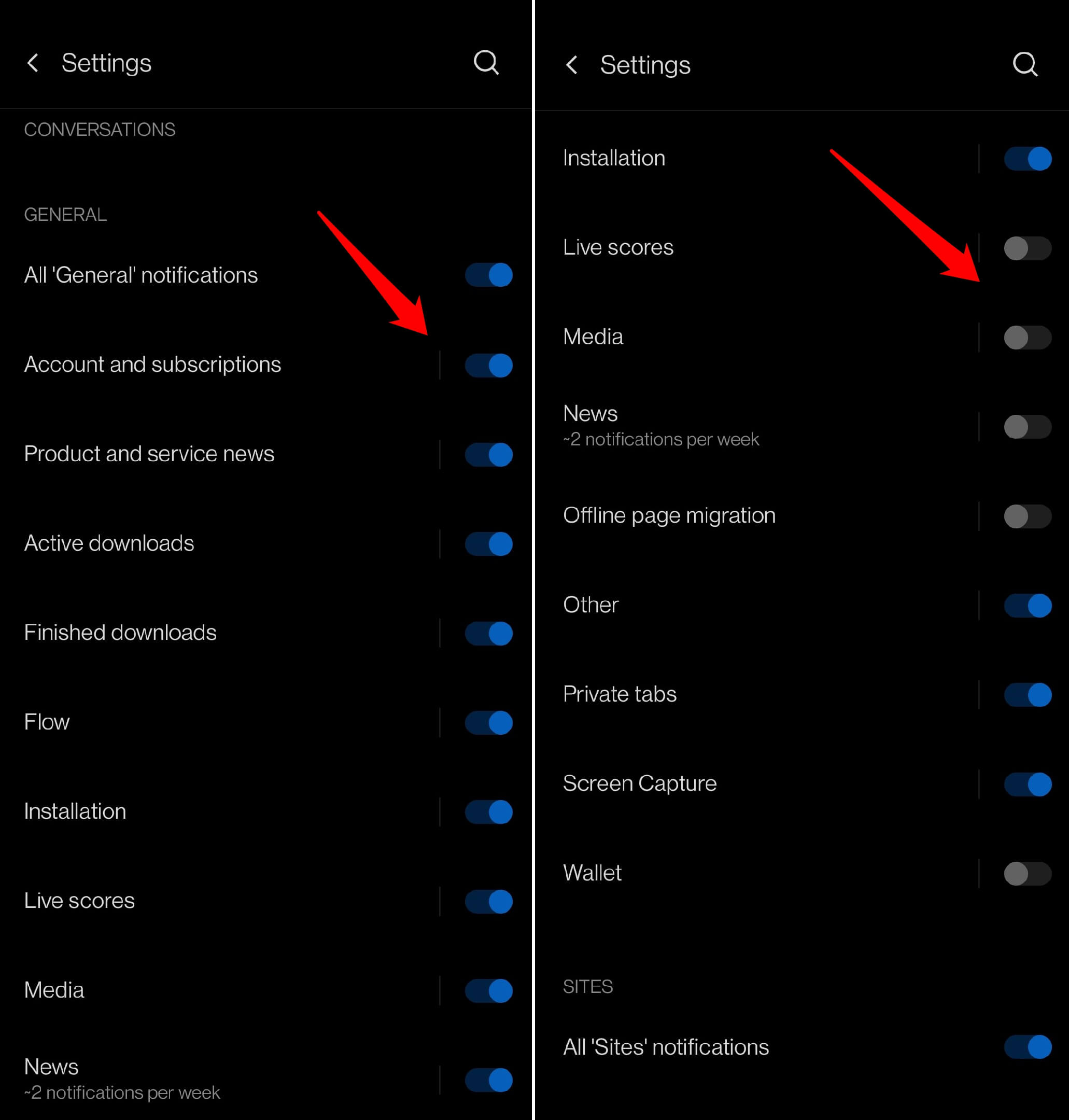 manage notifications on Opera browser app