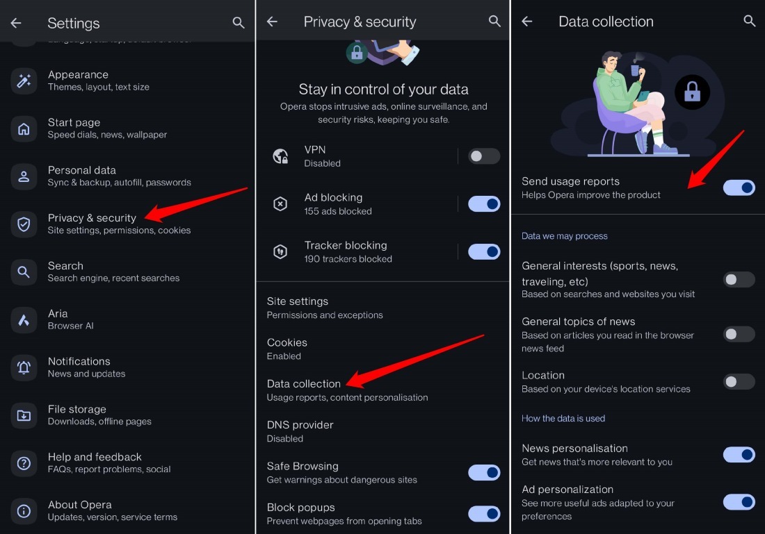 manage usage data collection on Opera android