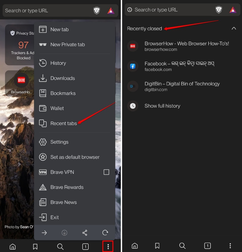 open recently closed tabs on brave browser android