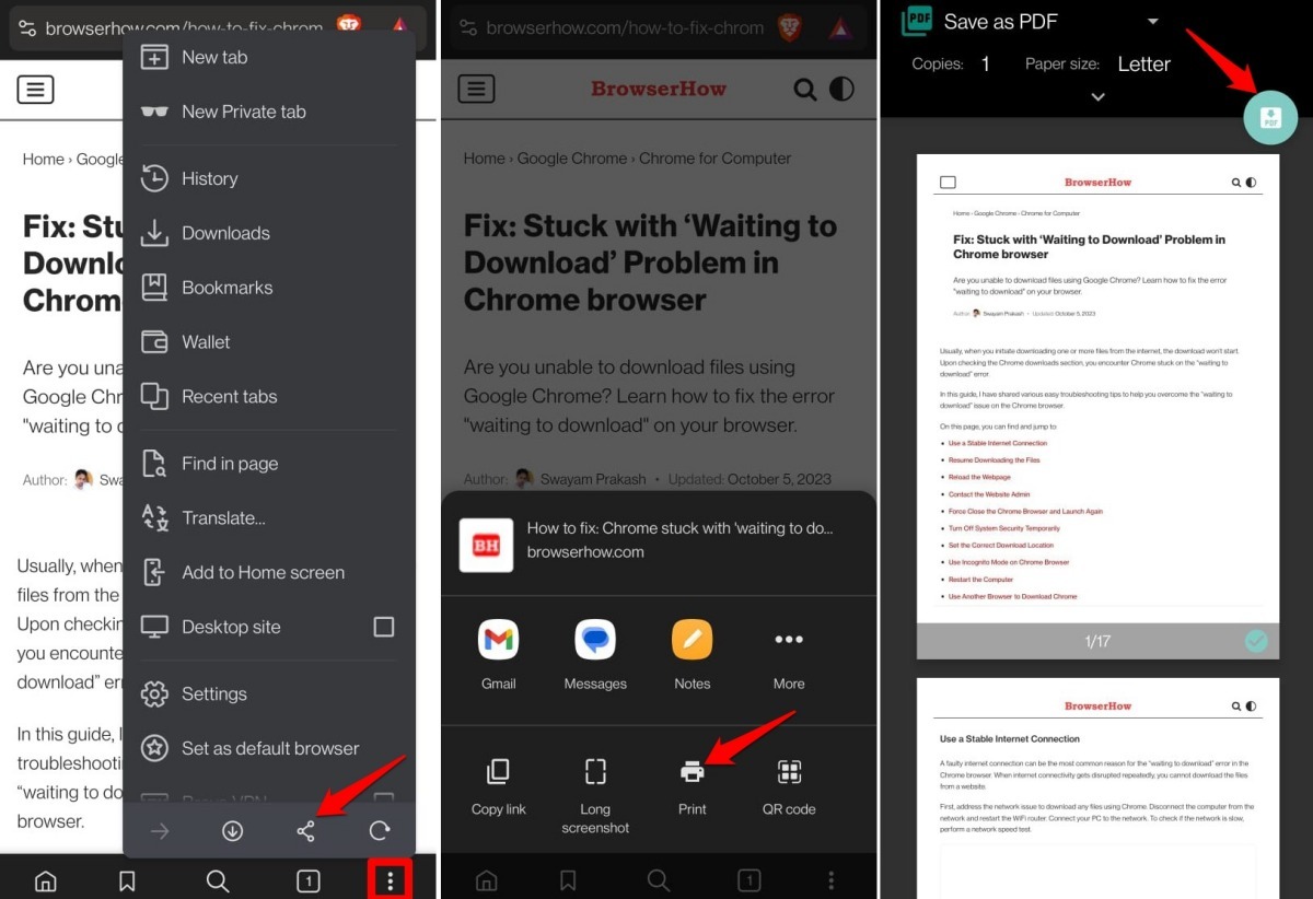 save a webpage as pdf on Brave browser
