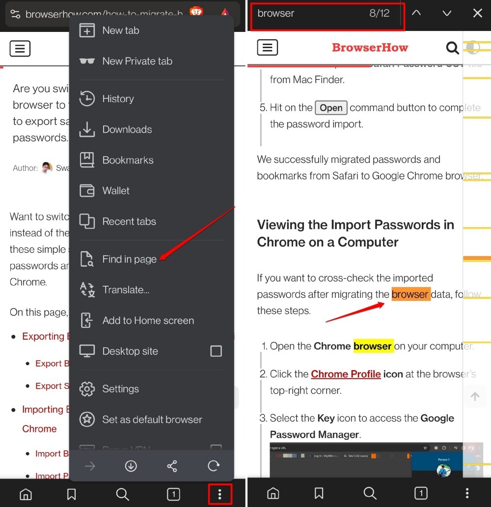 search and find on Brave browser android