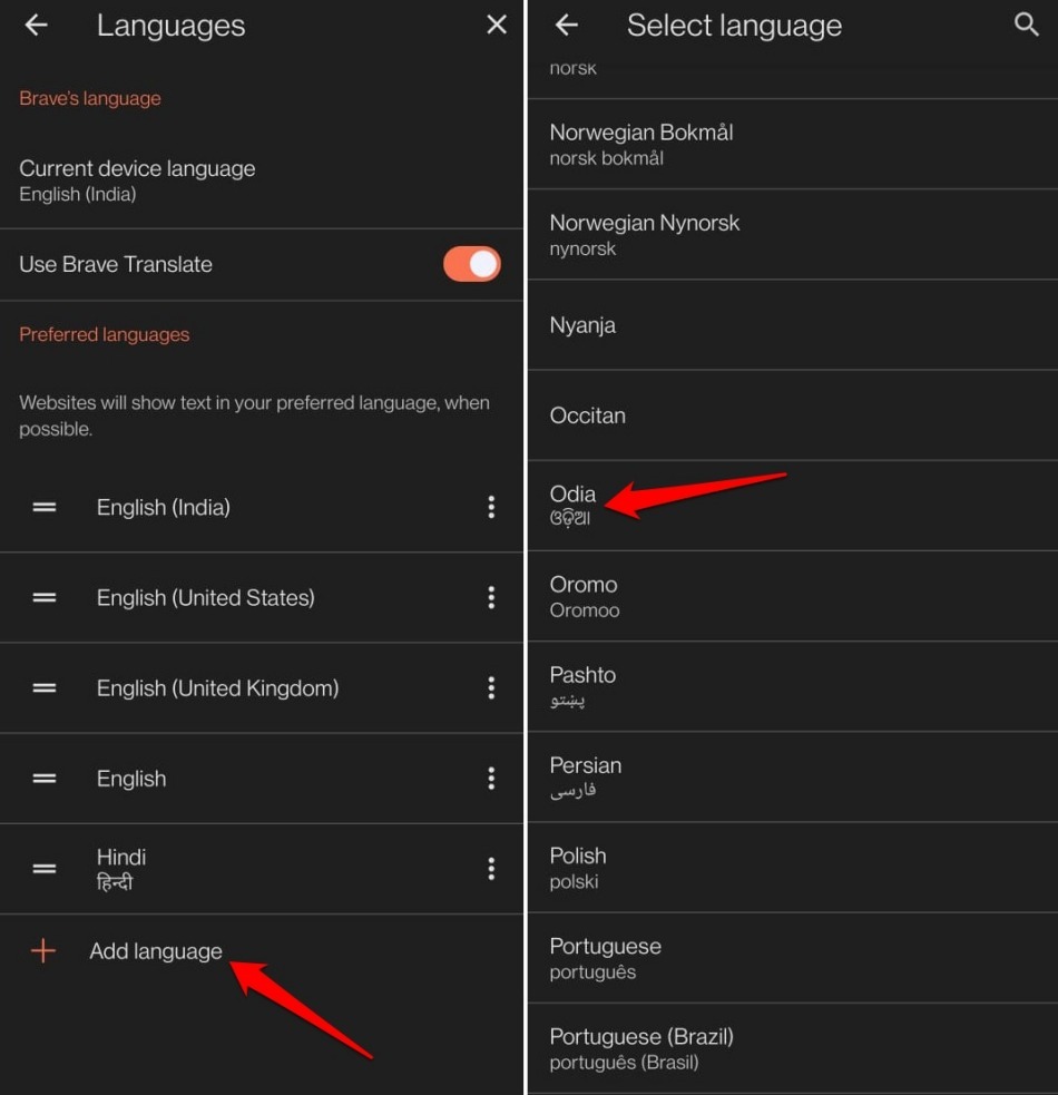 set a preferred language in Brave browser android