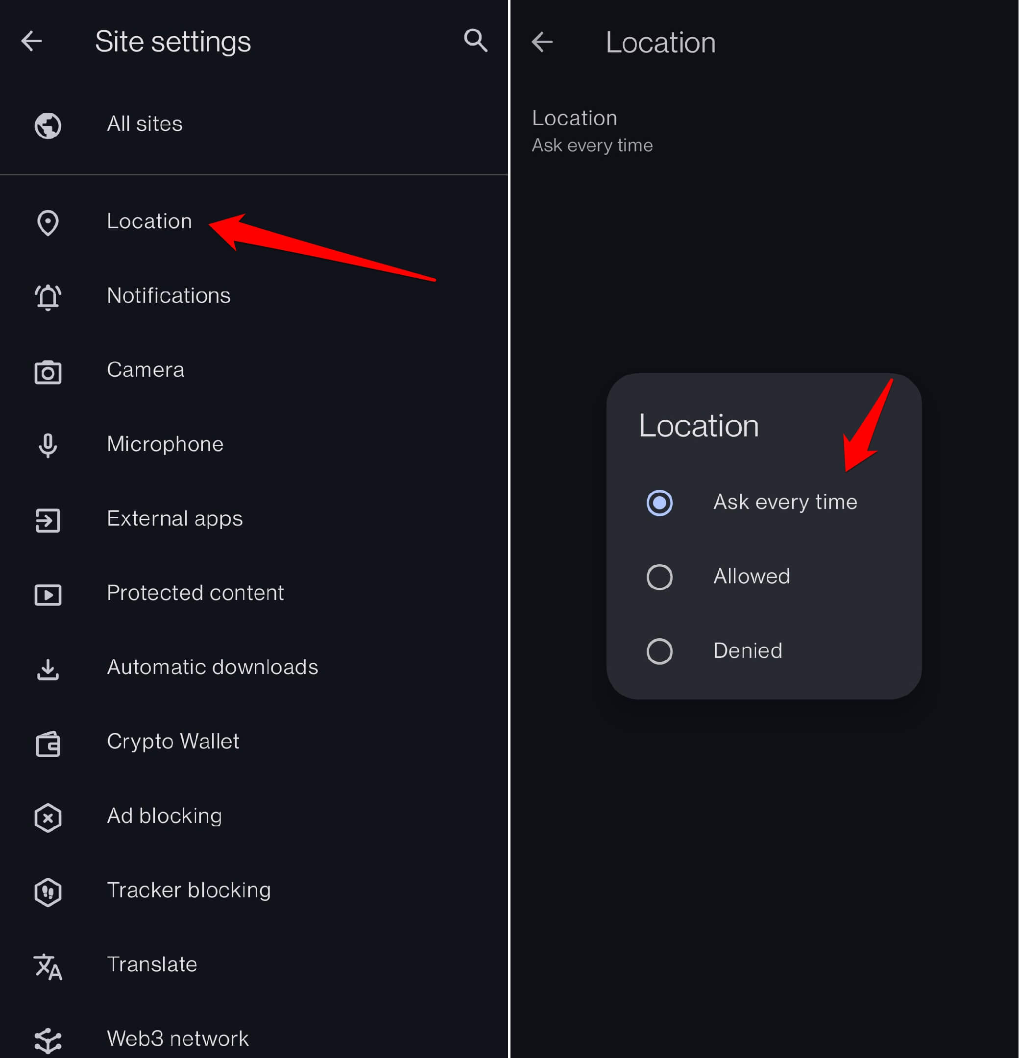 set location access permission on Opera on Android