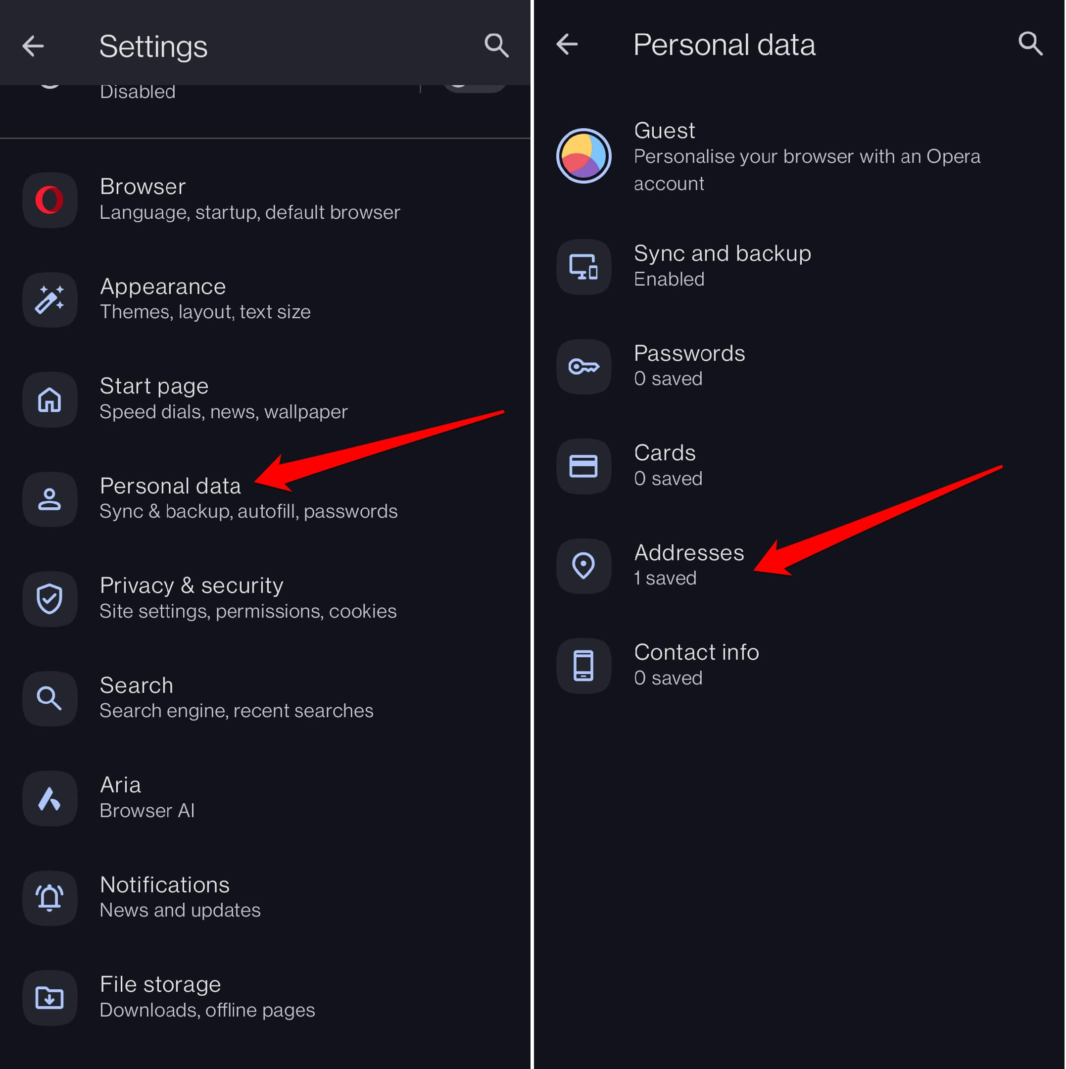 view saved address on Opera android