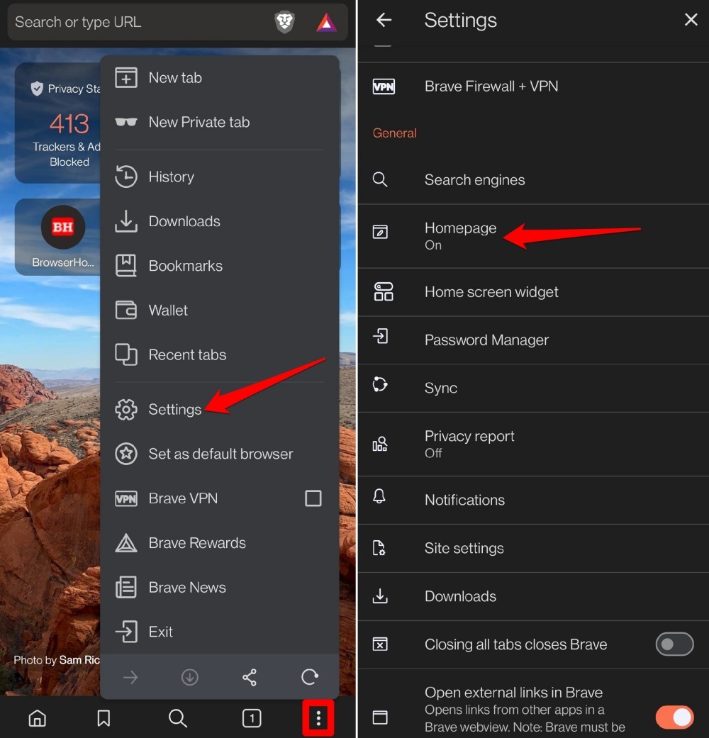 Brave browser android homepage settings