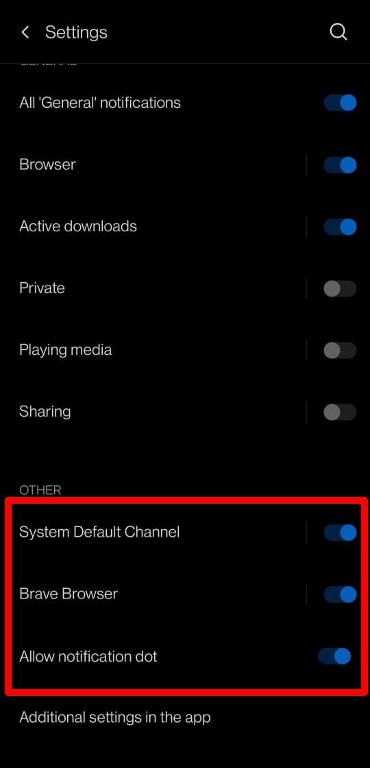 Manage other notifications on Brave browser android
