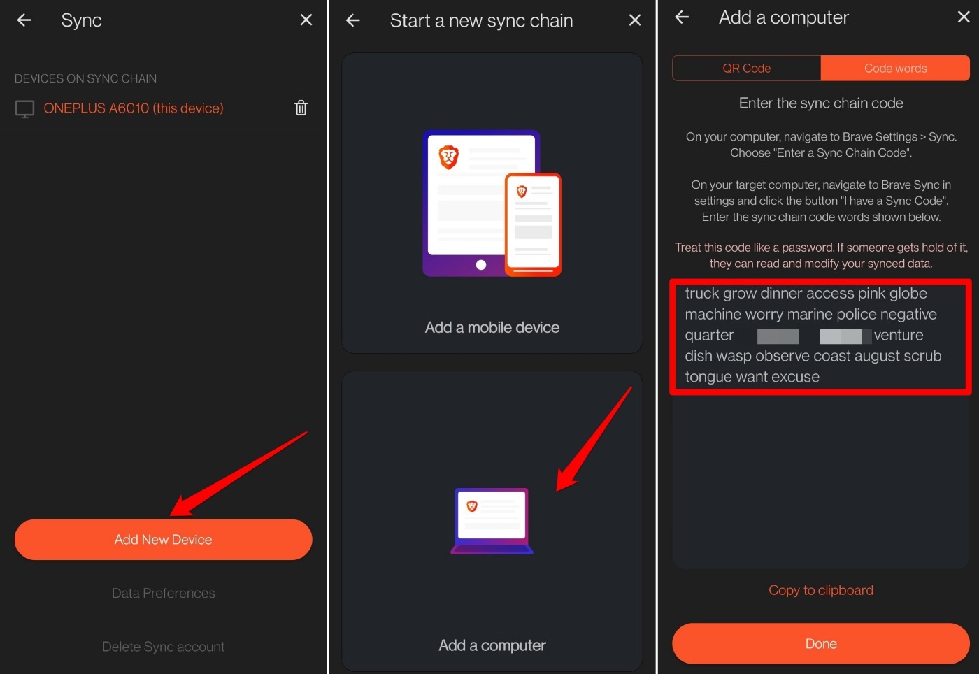 add a computer to Brave sync
