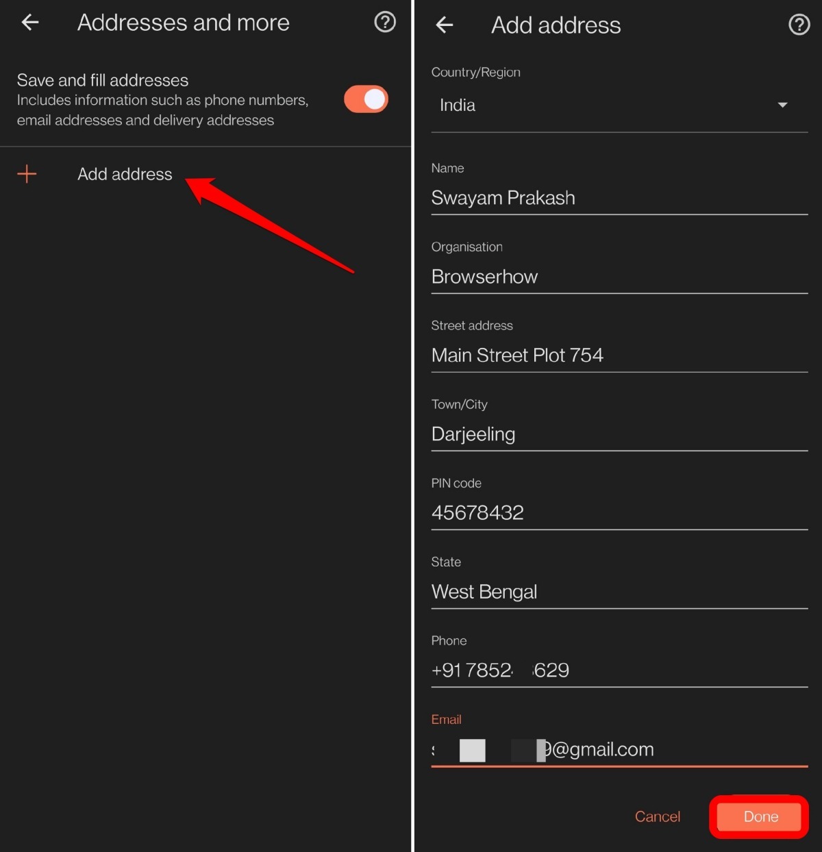 add a new address to Brave browser android