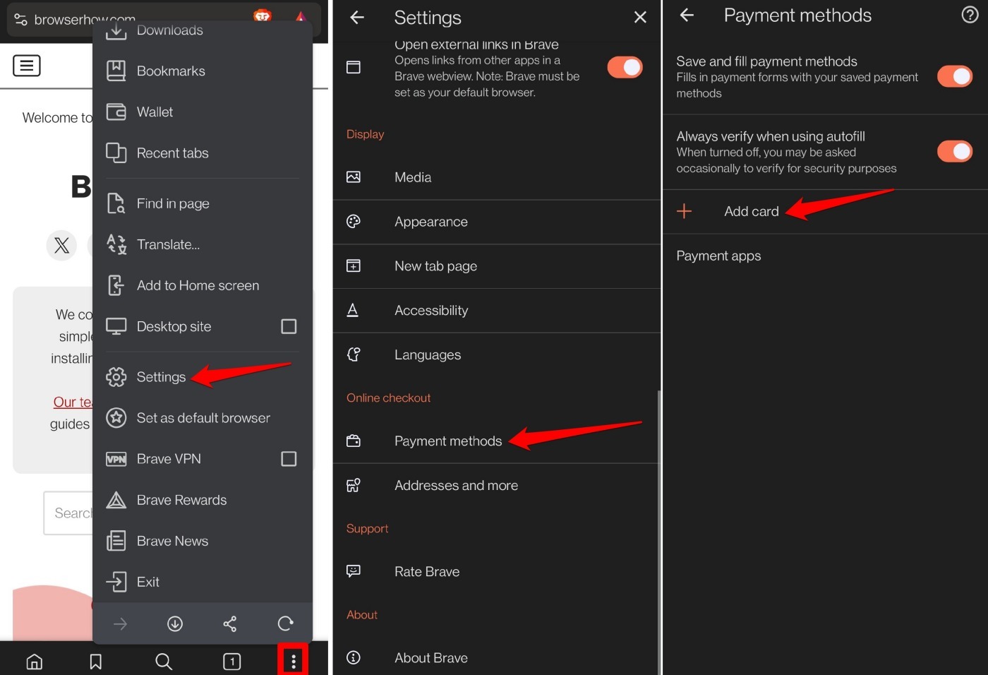 add a payment method in brave browser android