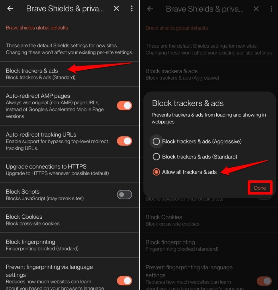 allow ads on Brave android