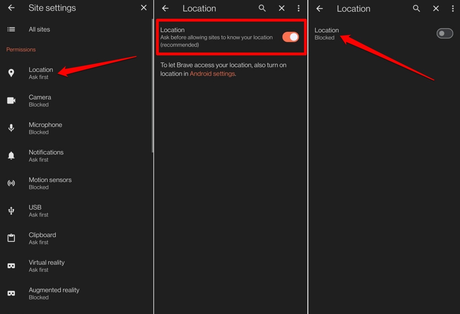 allow or block geo location access to sites on Brave android