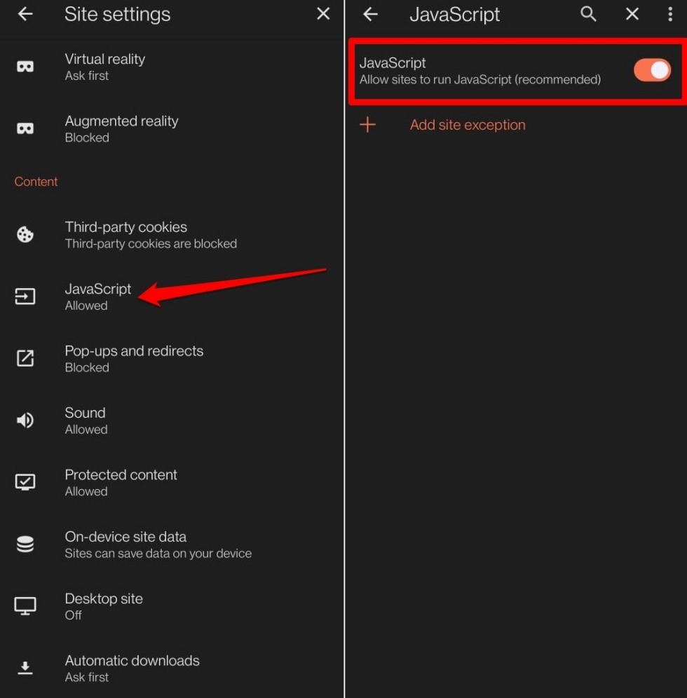 allow or block javascript on brave android