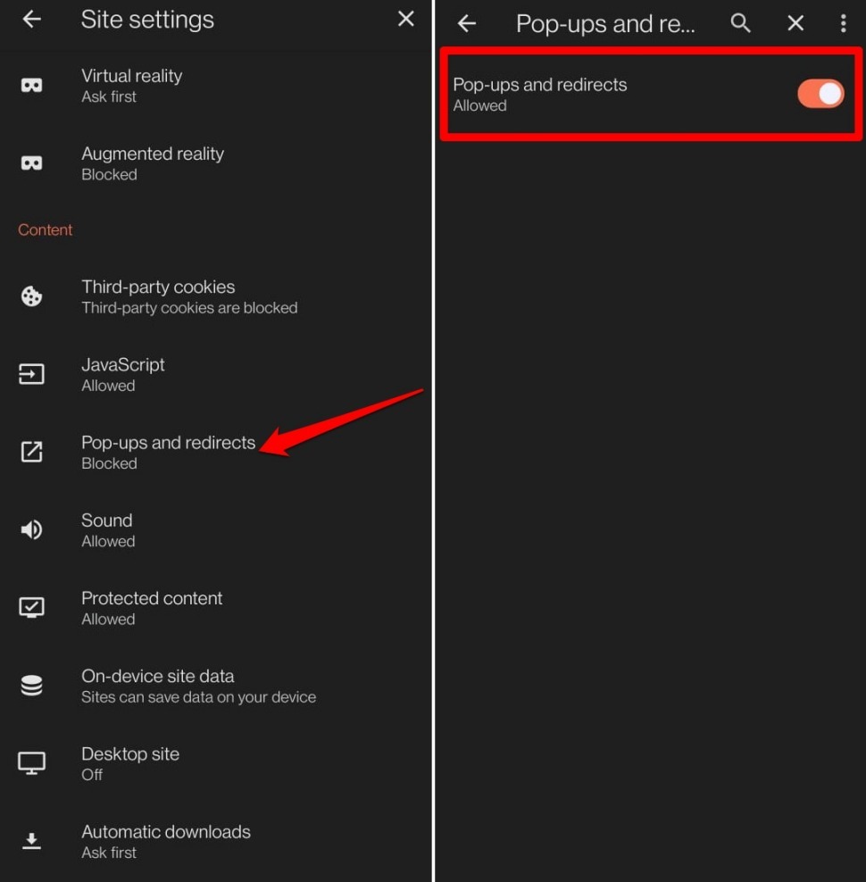 allow pop ups and redirects on Brave android