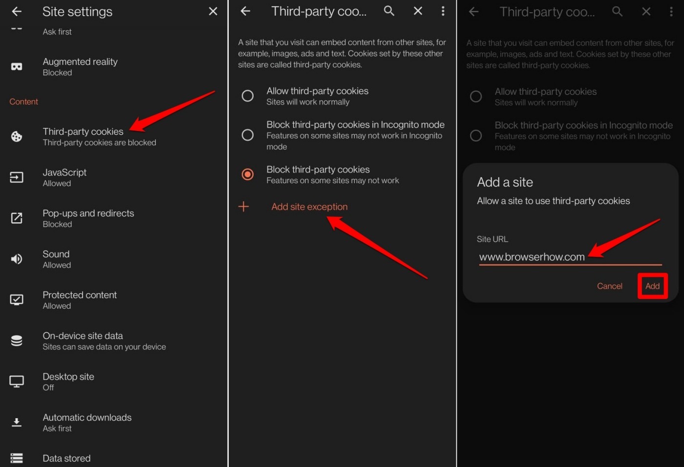 allow specific sites to use cookies on brave android