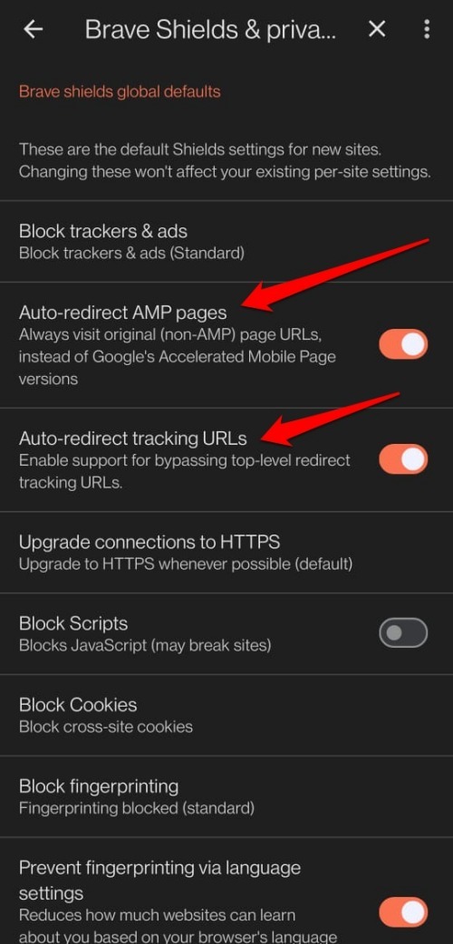 auto direct tracking URLs on Brave browser android