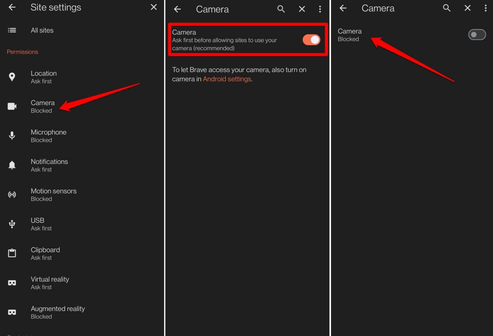 block camera access on brave for Android