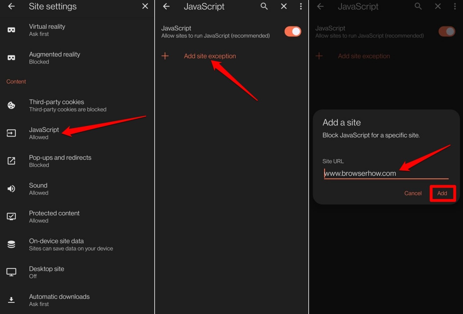 block javascript for a specific site on brave android