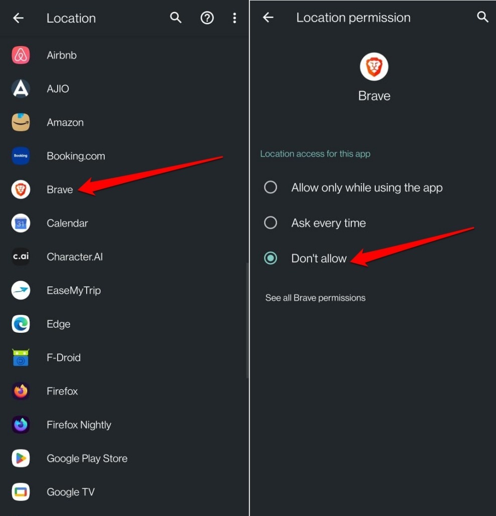block location access to sites on Brave android from Android settings