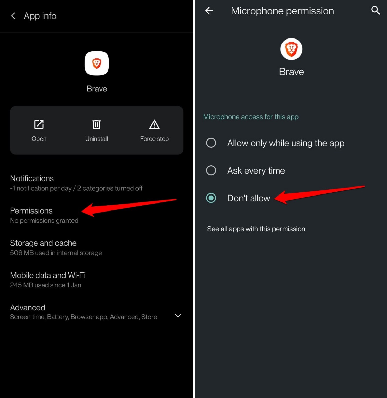 block microphone access for Brave in Android settings