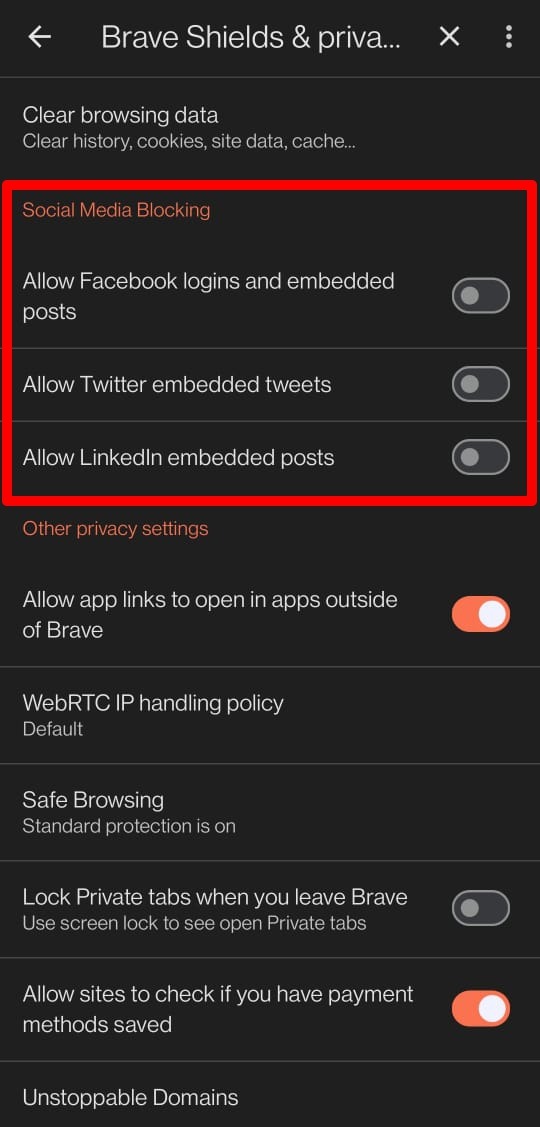 block social media on Brave browser android