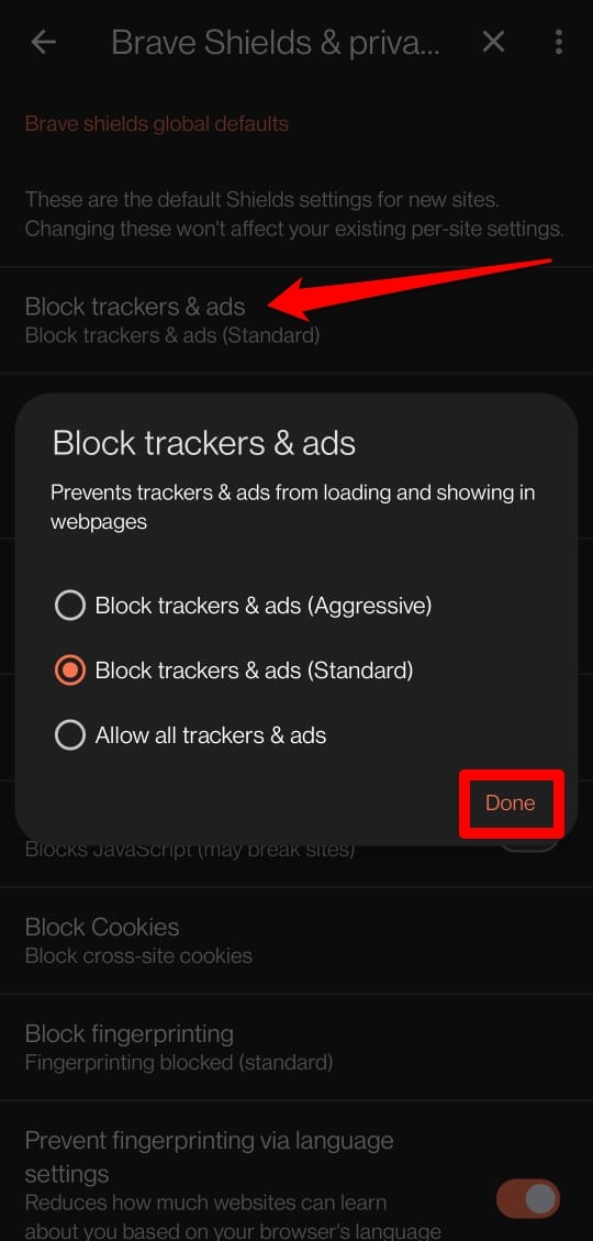 block trackers and ads on Brave browser android