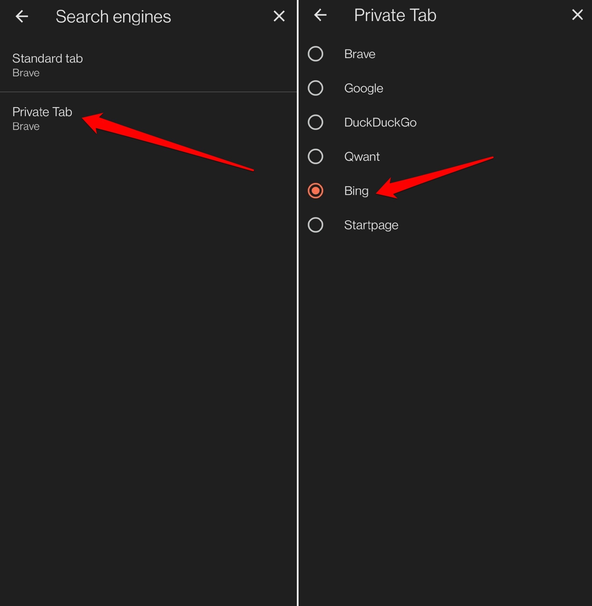 change search engine in Brave for browsing in private mode