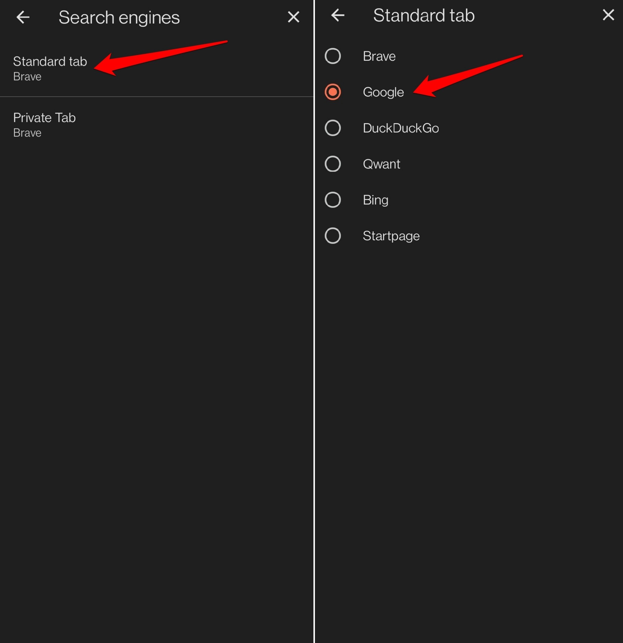 change search engine in Brave for browsing in standard mode