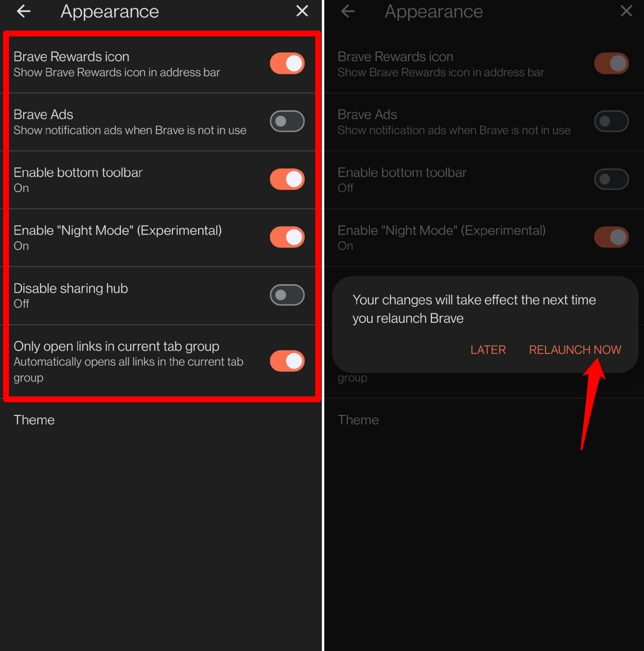 change the appearance in the Brave browser android