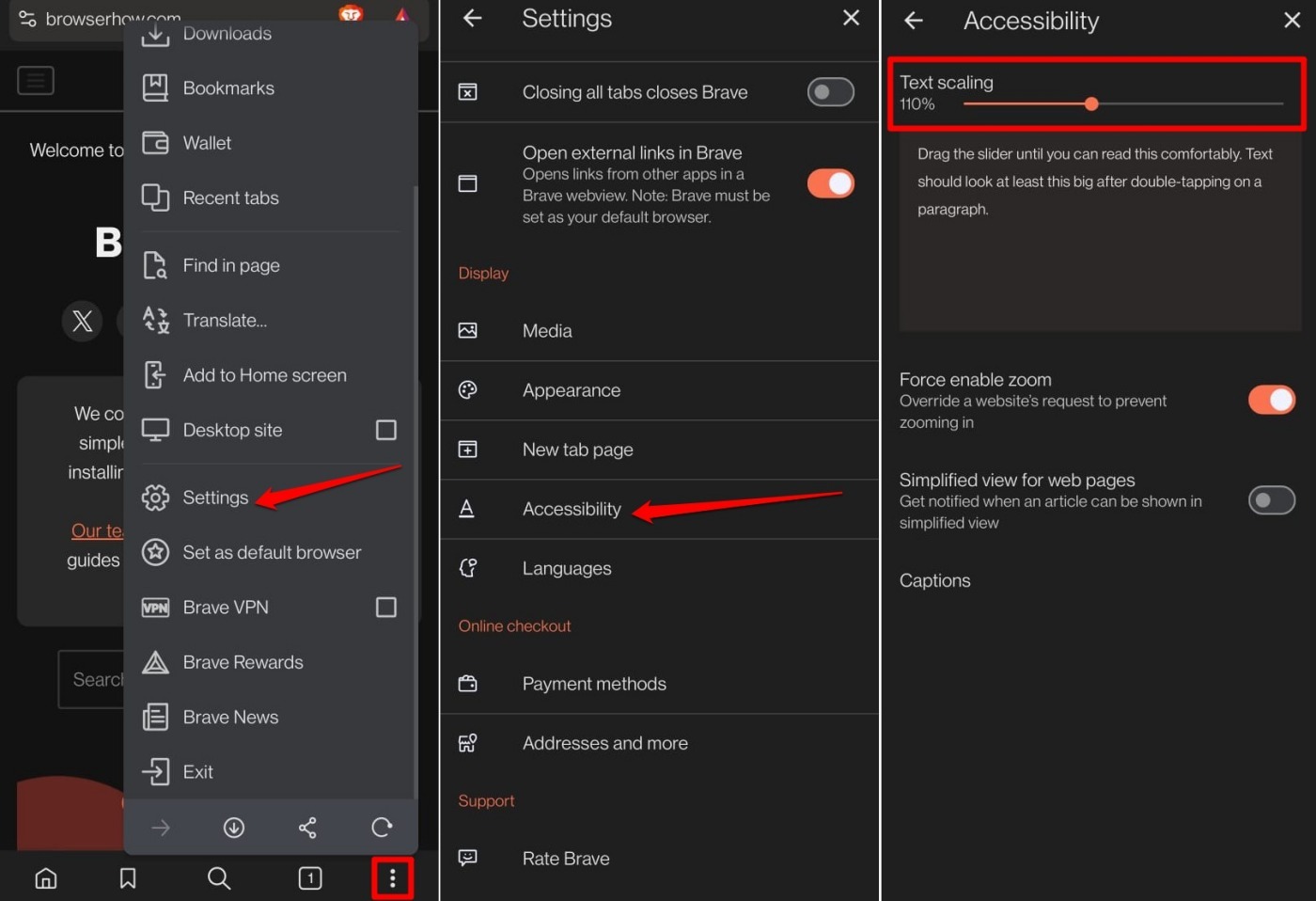 change the text font size in Brave browser android