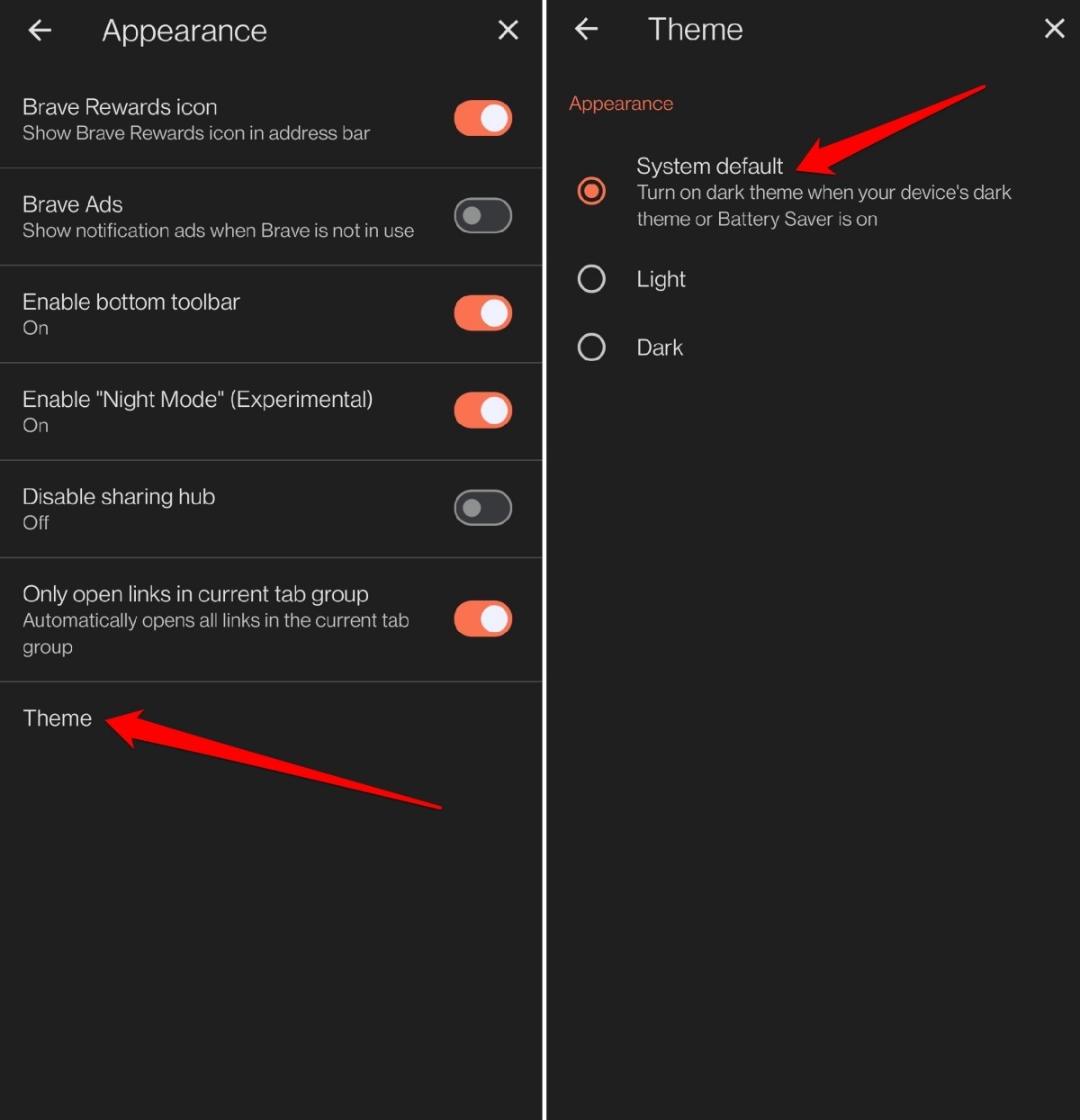 change theme on Brave browser android
