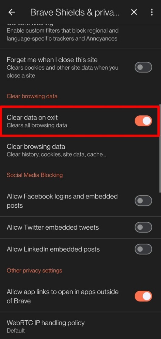 clear browsing data on exit on Brave android