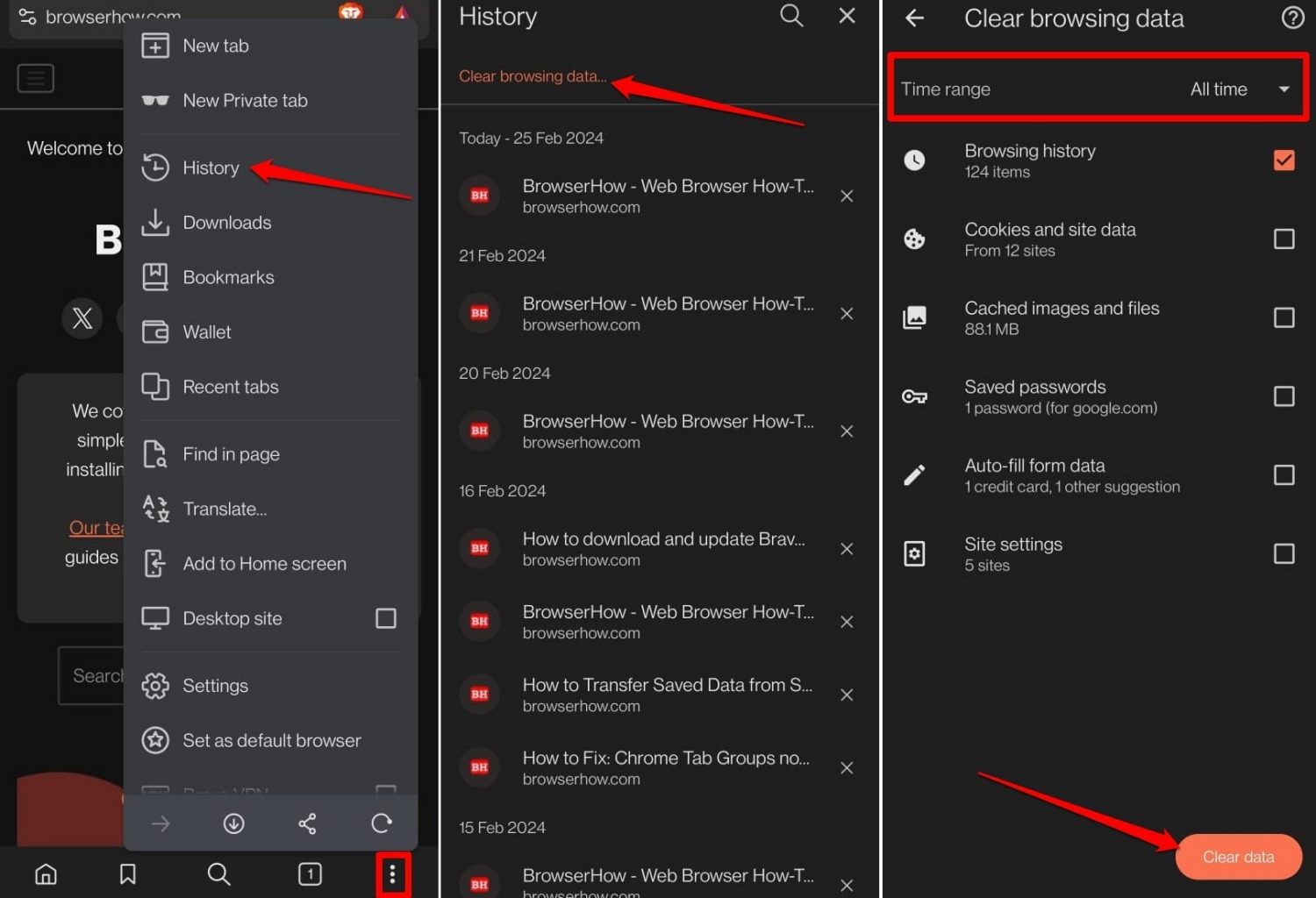 clear search history on Brave android