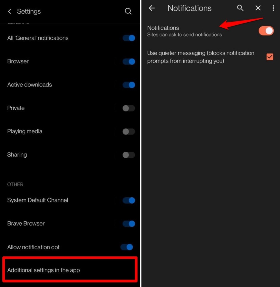 customize additional notification settings in brave browser android