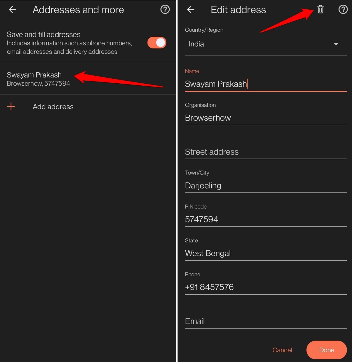 delete a saved address in brave browser android