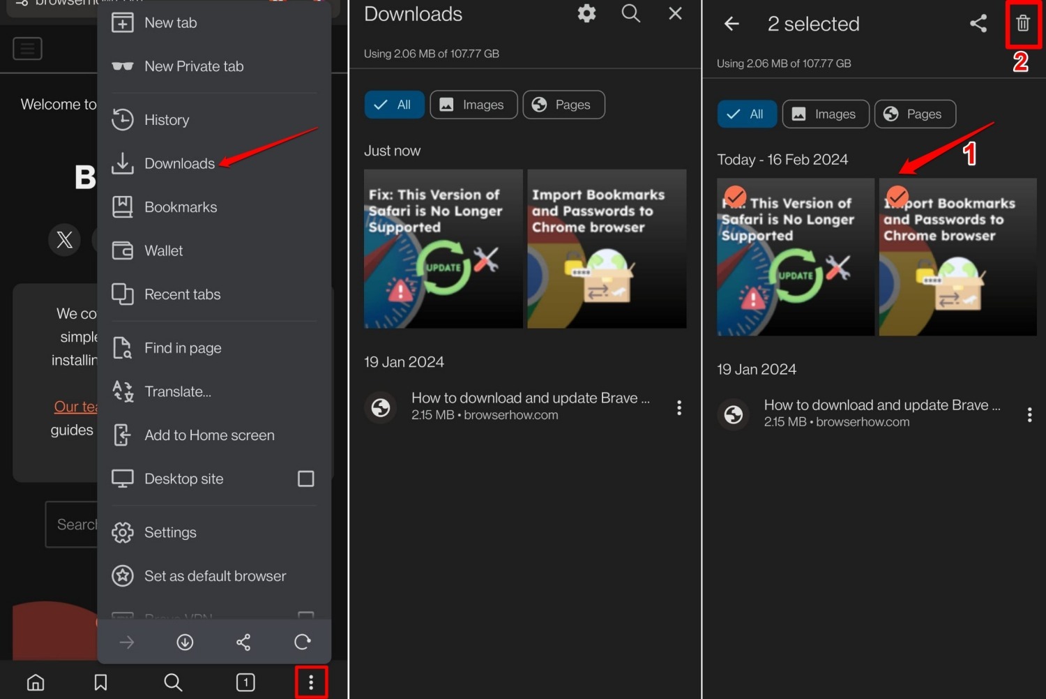 delete downloaded files from Brave browser