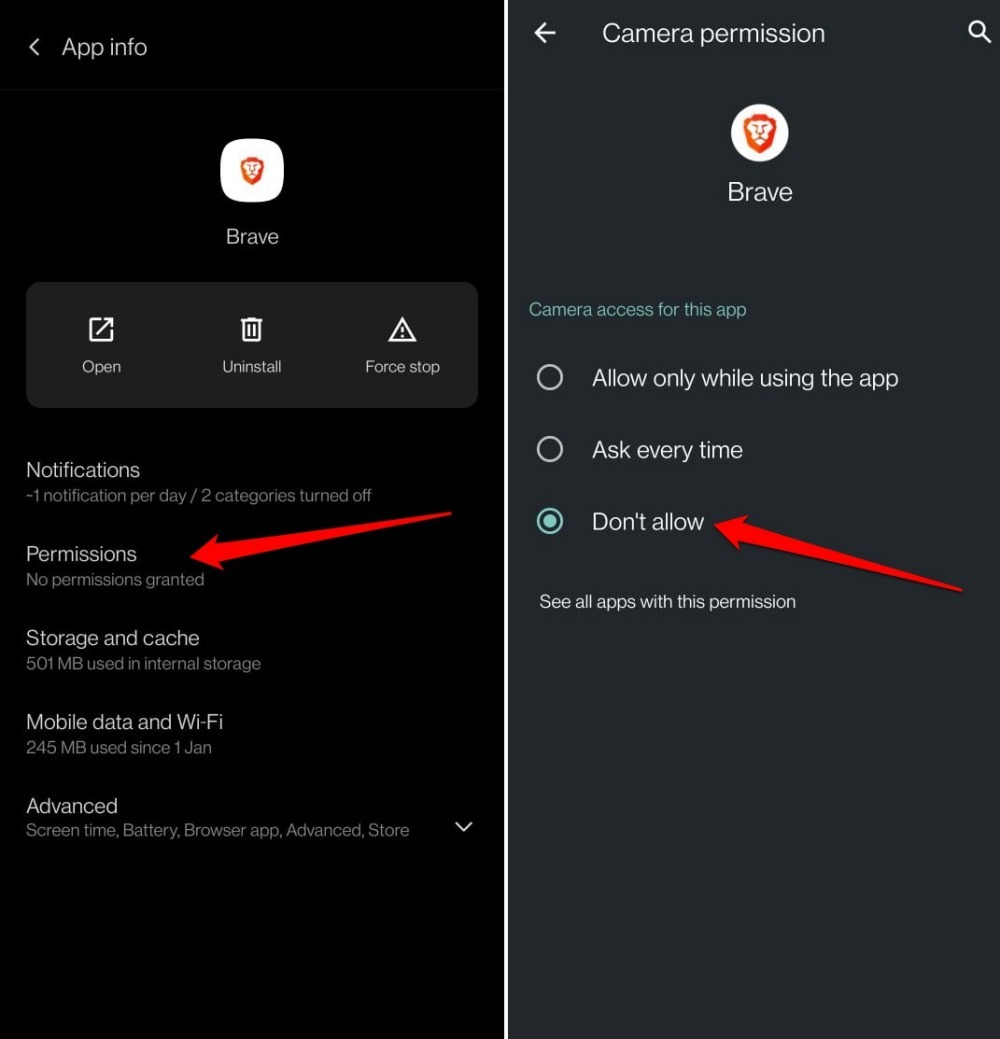 disable camera permission for Brave android app
